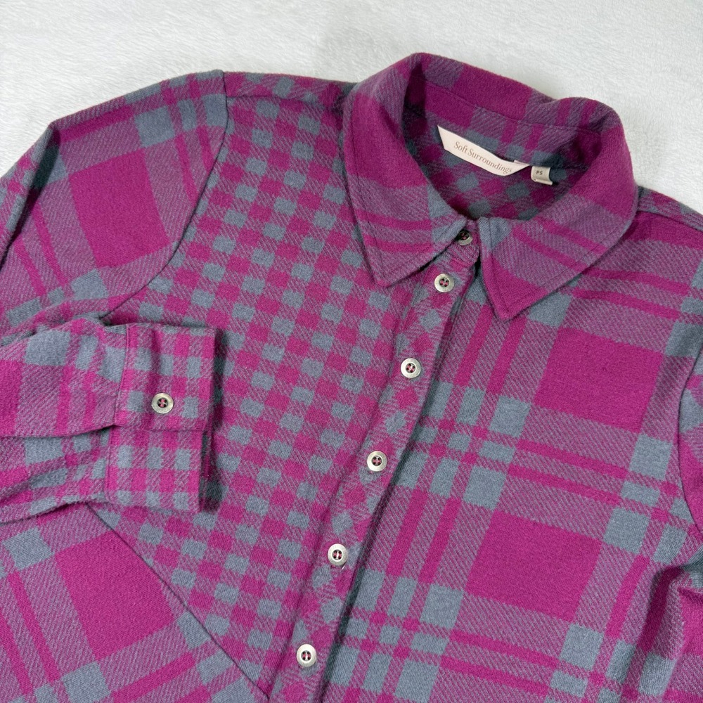 Soft Surroundings Petite Small Purple Gray Plaid Button Front Knit Top 3DT30